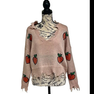 Just Polly Sweater Womens Pink Slouchy Knit Peaches Cropped Fringe M Boxy Boho